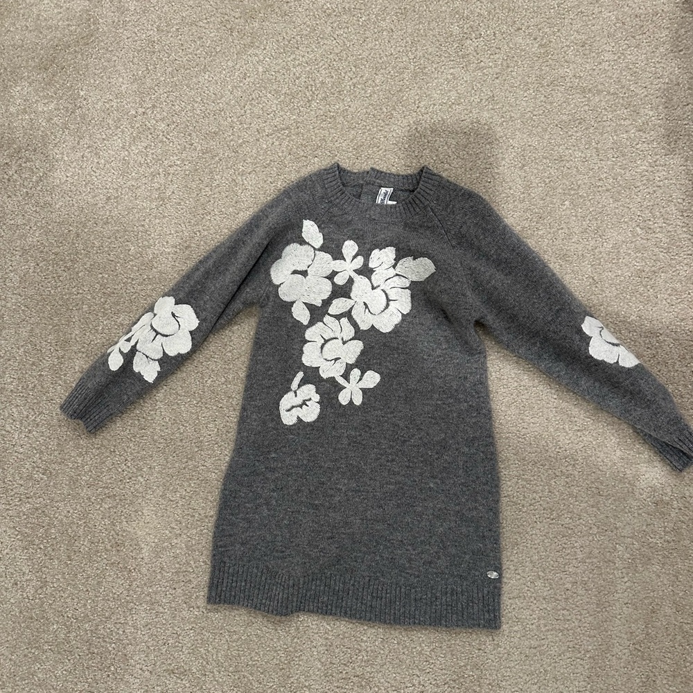 Tartine et Chocolat Girls Charcoal Sweater Dress with Ivory Floral Design